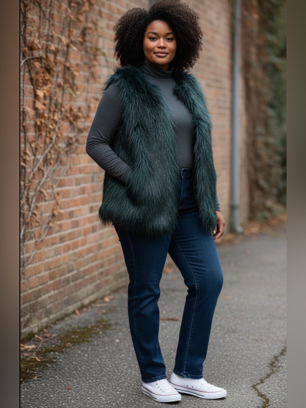 Kenneth Cole Women's Large Green Shaggy Faux Fur Vest Hippie Boho Grunge Goth
